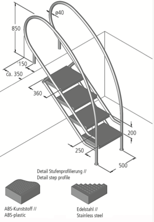 Ideal Eichenwald - Modell 08.1 Treppe MIAMI SWING Ø40 *V4A* - 6-stufig VARIO ohne Montageset ABS - Stufen
