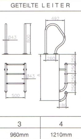 Modell 58 Geteilte Leiter Ø43 V2A - 4-stufig mit Griffbögen 