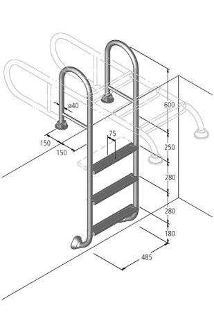 Modell 02 Leiter TINA aufklappbar Ø40 *V4A* - 2-stufig Gelenk / Flanschmontage 